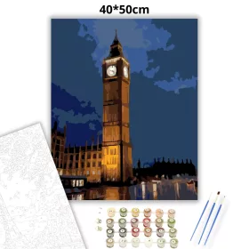 Big Ben és a Westminster Palota Esős Estén - számfestő készlet - Számfestő.hu - 40×50cm - Keret nélkül