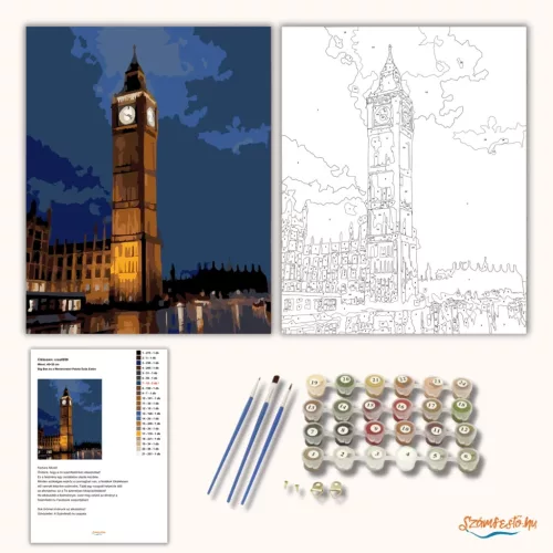 Big Ben és a Westminster Palota Esős Estén - számfestő készlet - Számfestő.hu - 40×50cm - Keret nélkül