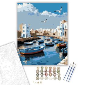 Essaouira Kikötője Kék Halászhajókkal - számfestő készlet - Számfestő.hu - 40×50cm - keret nélkül