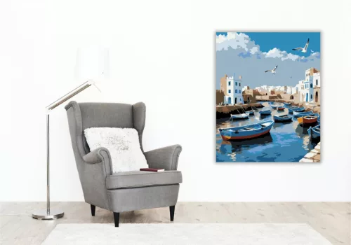 Essaouira Kikötője Kék Halászhajókkal - számfestő készlet - Számfestő.hu - 40×50cm - keret nélkül
