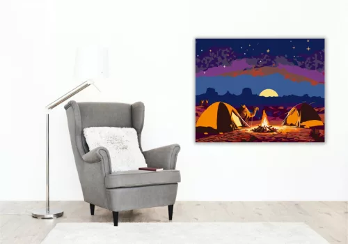 Éjszakai Sivatagi Tábor Tevékkel - számfestő készlet - Számfestő.hu - 40×50cm - keret nélkül