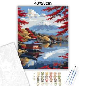 Fuji Hegy Őszi Tóparttal - számfestő készlet - Számfestő.hu - 40×50cm - Keret nélkül