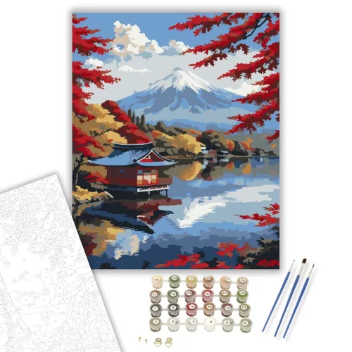 Fuji Hegy Őszi Tóparttal - számfestő készlet - Számfestő.hu - 80×100cm - keretre feszítve