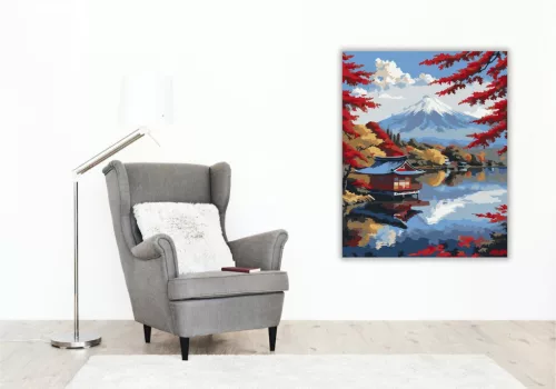 Fuji Hegy Őszi Tóparttal - számfestő készlet - Számfestő.hu - 40×50cm - keretre feszítve
