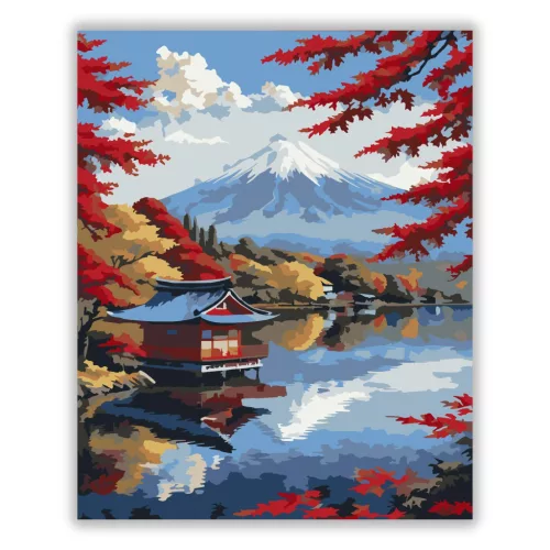Fuji Hegy Őszi Tóparttal - számfestő készlet - Számfestő.hu - 40×50cm - Keret nélkül