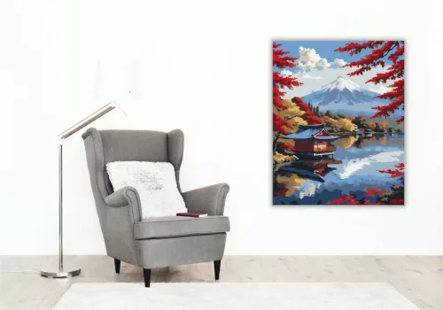 Fuji Hegy Őszi Tóparttal - számfestő készlet - Számfestő.hu - 40×50cm - Keret nélkül