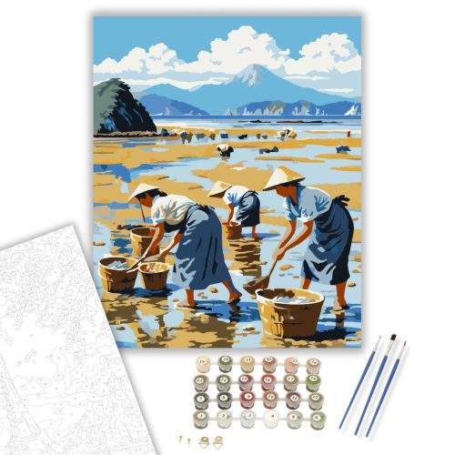 Japán Tengerpart Kagylógyűjtőkkel - számfestő készlet - Számfestő.hu - 40×50cm - keret nélkül