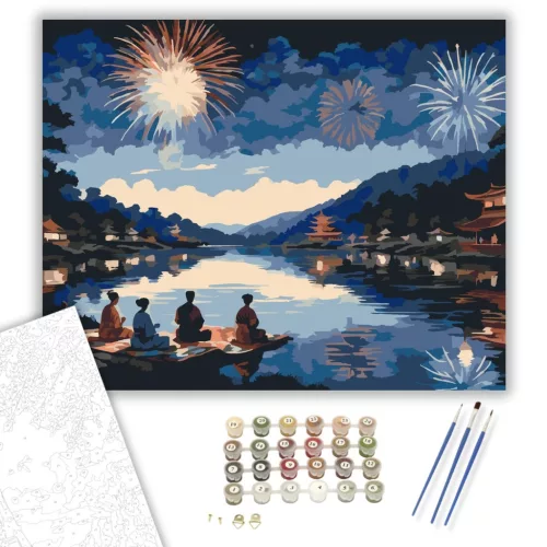 Nyári Tűzijáték Fesztivál Japán Folyóparton - számfestő készlet - Számfestő.hu - 40×50cm - keretre feszítve