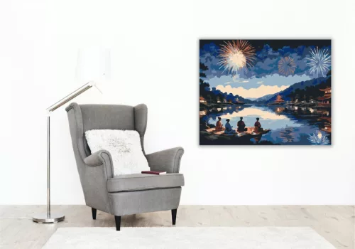Nyári Tűzijáték Fesztivál Japán Folyóparton - számfestő készlet - Számfestő.hu - 80×100cm - keret nélkül