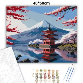 Fuji Hegy és Pagoda Cseresznyevirággal - számfestő készlet - Számfestő.hu - 40×50cm - Keret nélkül