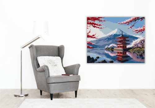 Fuji Hegy és Pagoda Cseresznyevirággal - számfestő készlet - Számfestő.hu - 40×50cm - keret nélkül