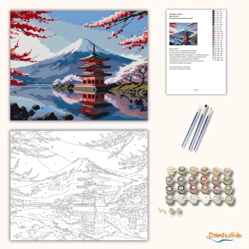 Fuji Hegy és Pagoda Cseresznyevirággal - számfestő készlet - Számfestő.hu - 40×50cm - Keret nélkül