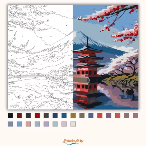 Fuji Hegy és Pagoda Cseresznyevirággal - számfestő készlet - Számfestő.hu - 40×50cm - Keretre feszítve