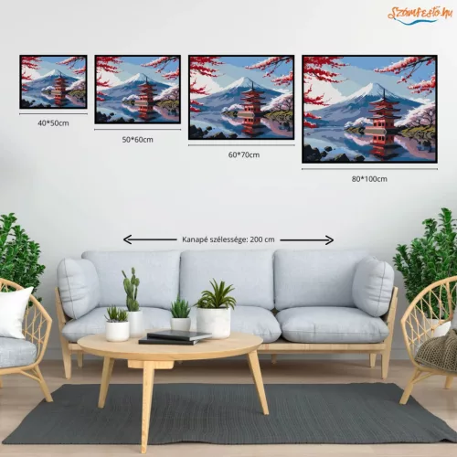 Fuji Hegy és Pagoda Cseresznyevirággal - számfestő készlet - Számfestő.hu - 40×50cm - Keret nélkül