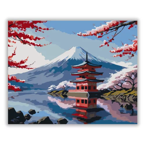 Fuji Hegy és Pagoda Cseresznyevirággal - számfestő készlet - Számfestő.hu - 40×50cm - Keretre feszítve