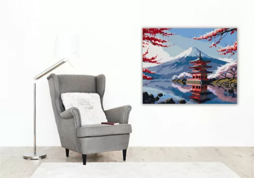 Fuji Hegy és Pagoda Cseresznyevirággal - számfestő készlet - Számfestő.hu - 40×50cm - Keret nélkül