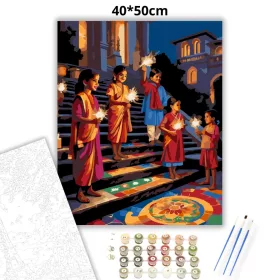 Diwali Éjszaka Gyerekekkel - számfestő készlet - Számfestő.hu - 40×50cm - Keret nélkül