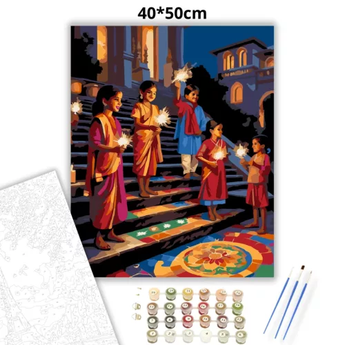 Diwali Éjszaka Gyerekekkel - számfestő készlet - Számfestő.hu - 40×50cm - Keret nélkül
