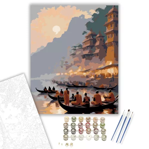 Varanasi Hajnalban a Gangeszen - számfestő készlet - Számfestő.hu - 60×70cm - keretre feszítve