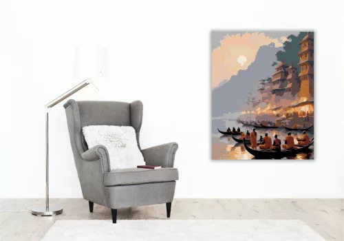 Varanasi Hajnalban a Gangeszen - számfestő készlet - Számfestő.hu - 40×50cm - keret nélkül