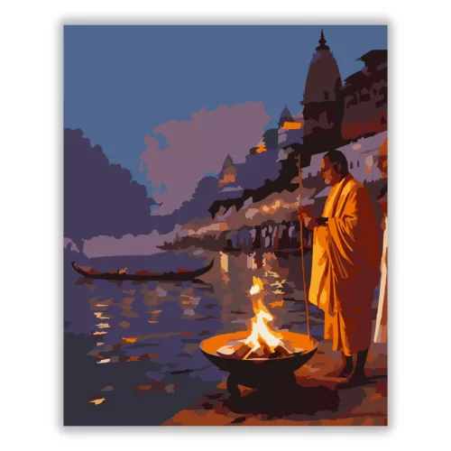 Gangesz Partján Aarti Ceremónia - számfestő készlet - Számfestő.hu - 40×50cm - Keret nélkül