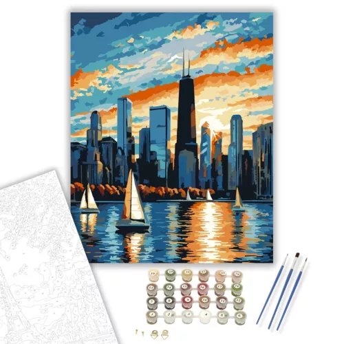 Chicago Belvárosi Látkép Naplementében - számfestő készlet - Számfestő.hu - 50×60cm - keretre feszítve
