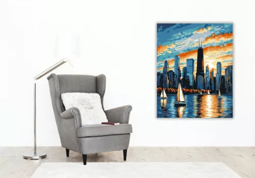 Chicago Belvárosi Látkép Naplementében - számfestő készlet - Számfestő.hu - 40×50cm - keretre feszítve