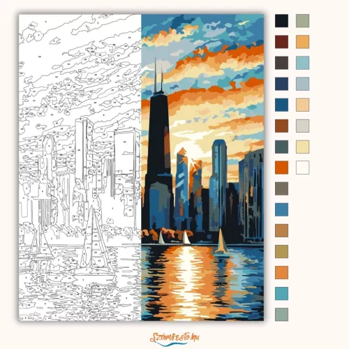 Chicago Belvárosi Látkép Naplementében - számfestő készlet - Számfestő.hu - 40×50cm - Keret nélkül