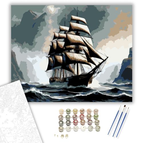 Fekete Vitorlás a Ködös Partok Felé - számfestő készlet - Számfestő.hu - 50×60cm - keretre feszítve
