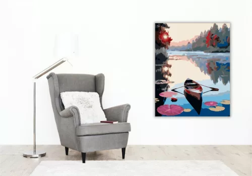Vörös Evezős Csónak Tavirózsák Között - számfestő készlet - Számfestő.hu - 60×70cm - keret nélkül
