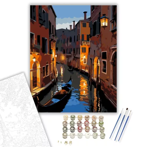 Velencei Gondola Esti Fényekben - számfestő készlet - Számfestő.hu - 80×100cm - keretre feszítve