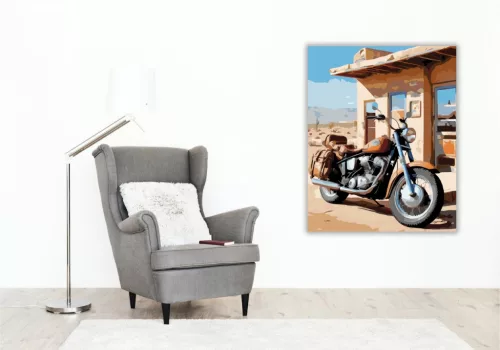 Vintage Motor a Sivatagi Benzinkútnál - számfestő készlet - Számfestő.hu - 80×100cm - keret nélkül