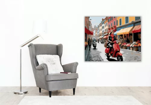 Piros Robogó Európai Utcán - számfestő készlet - Számfestő.hu - 80×100cm - keret nélkül