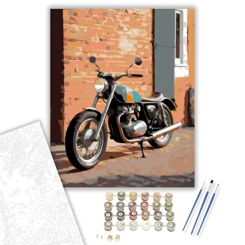 Retro Café Racer a Téglaépület Előtt - számfestő készlet - Számfestő.hu - 50×60cm - keret nélkül