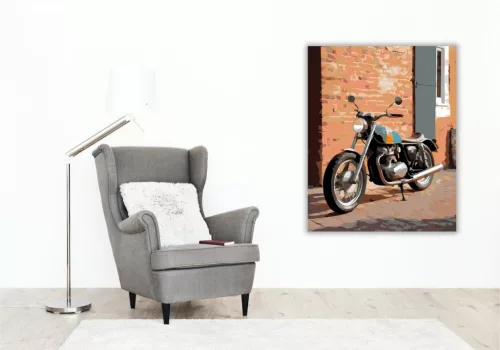 Retro Café Racer a Téglaépület Előtt - számfestő készlet - Számfestő.hu - 60×70cm - keretre feszítve