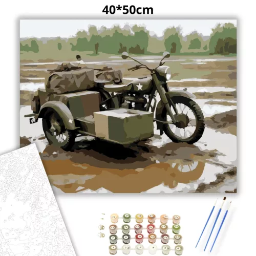 Hadsereg Zöld Oldalkocsis Motor - számfestő készlet - Számfestő.hu - 40×50cm - Keret nélkül