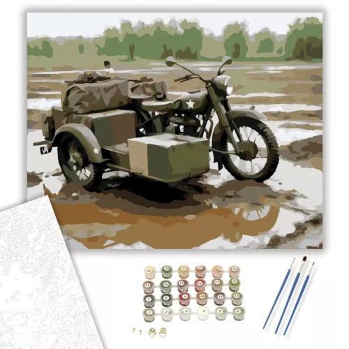 Hadsereg Zöld Oldalkocsis Motor - számfestő készlet - Számfestő.hu - 80×100cm - keret nélkül