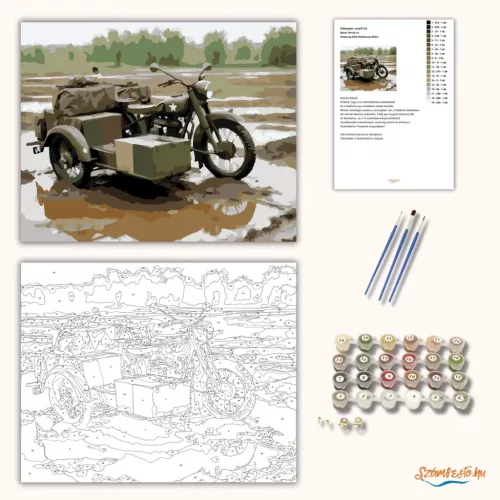 Hadsereg Zöld Oldalkocsis Motor - számfestő készlet - Számfestő.hu - 40×50cm - Keretre feszítve