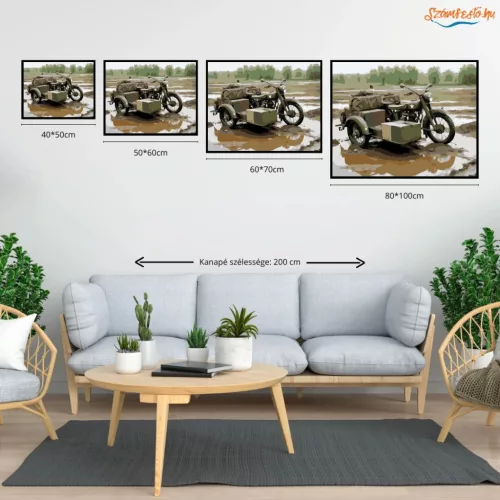Hadsereg Zöld Oldalkocsis Motor - számfestő készlet - Számfestő.hu - 40×50cm - Keret nélkül