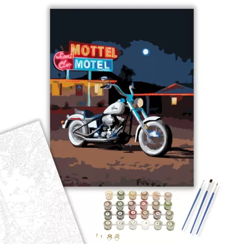 Klasszikus Chopper a Motel Előtt - számfestő készlet - Számfestő.hu - 60×70cm - keretre feszítve