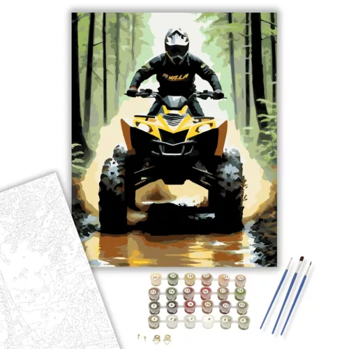 Sárga ATV az Erdei Ösvényen - számfestő készlet - Számfestő.hu - 80×100cm - keretre feszítve