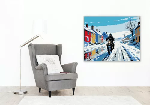 Téli Motoros a Havas Faluban - számfestő készlet - Számfestő.hu - 50×60cm - keret nélkül