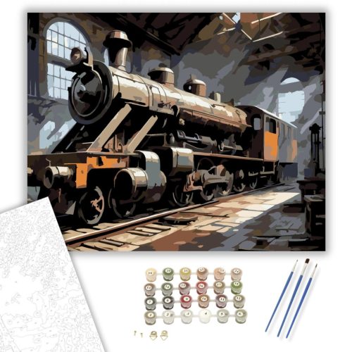 Régi Mozdony Műhelyben - számfestő készlet - Számfestő.hu - 50×60cm - keretre feszítve