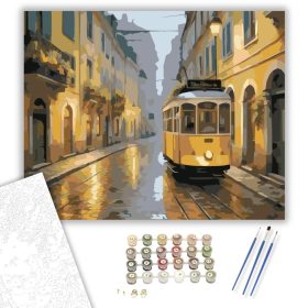 Sárga Villamos Történelmi Európai Utcán - számfestő készlet - Számfestő.hu - 40×50cm - keret nélkül