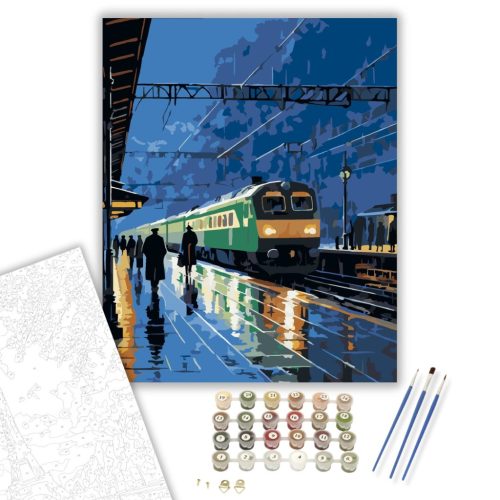 Éjszakai Vonatállomás Esőben - számfestő készlet - Számfestő.hu - 40×50cm - keret nélkül