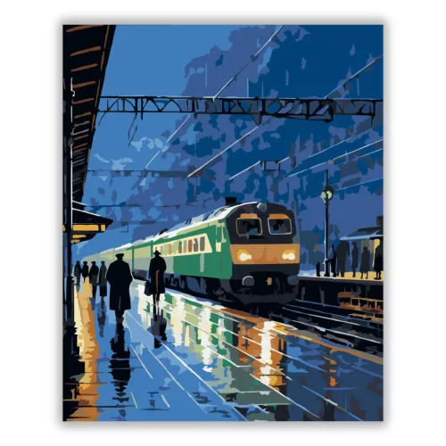 Éjszakai Vonatállomás Esőben - számfestő készlet - Számfestő.hu - 40×50cm - Keret nélkül