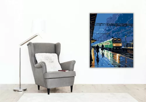 Éjszakai Vonatállomás Esőben - számfestő készlet - Számfestő.hu - 40×50cm - Keret nélkül