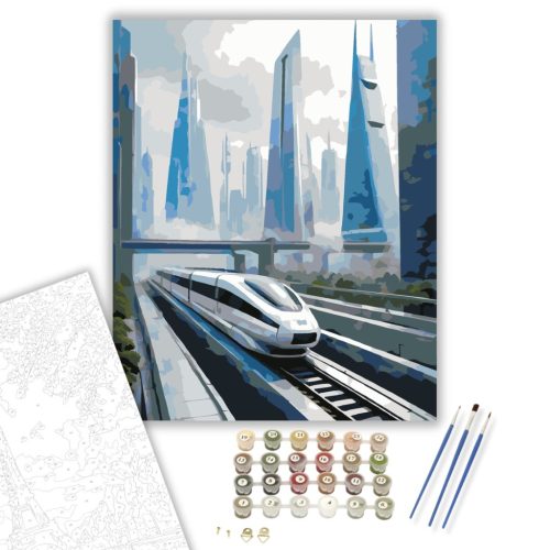 Futurisztikus Maglev Vonat Városi Skyline-nal - számfestő készlet - Számfestő.hu - 40×50cm - keret nélkül