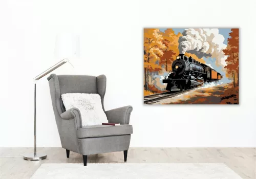 Őszi Erdőn Átszáguldó Gőzmozdony - számfestő készlet - Számfestő.hu - 40×50cm - keret nélkül