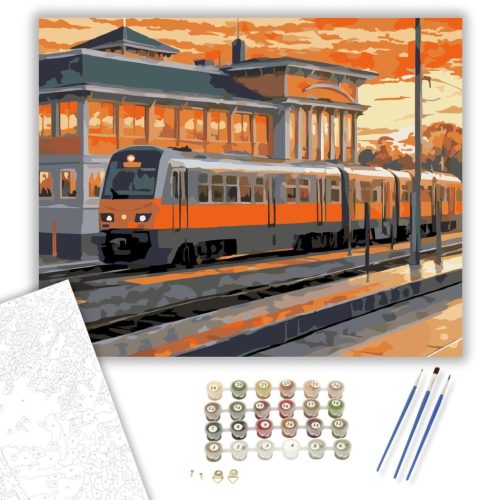 Kétszintes Ingázó Vonat Alkonyatkor - számfestő készlet - Számfestő.hu - 40×50cm - keret nélkül